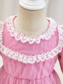 SHEIN Baby Girl Vintage Sweet Mesh Princess Dress,Elegant Dusty Pink,Autumn Birthday Party Outfit With Double Lace Collar,Lantern Sleeves & Mesh Skirt - Pink - View 6