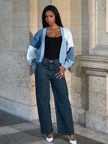 Mima John Áo khoác cardigan trễ vai Colorblock, áo dài tay - Nhiều màu - Xem 4