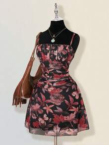 SHEIN ICON 女士复古枫叶印花褶皱迷你连衣裙，适合夏季度假和开学季 - 彩色 - 查看 6