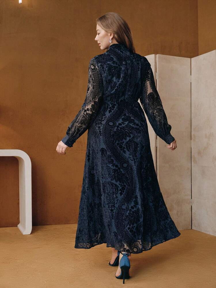 Valentine Plus Size Navy Blue Flocked Burnout A-Line Dress