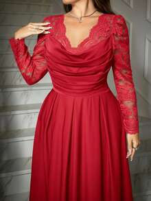 Ellevyn 大码纯色垂褶领长袖收腰优雅连衣裙 - 紅色 - 查看 10