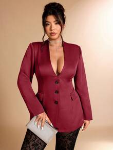 Cravure 大码女式植绒网眼拼接V领西装外套及喇叭裤套装，适合办公室穿着 - 酒紅色 - 查看 5