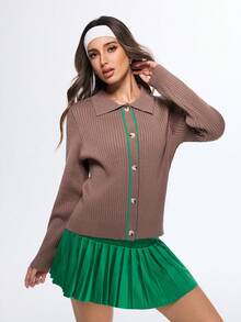 Eassivo Eassivo Regular Fit Contrast Trim Front Button Long Sleeve Polo Sweater - Mocha Brown - View 5