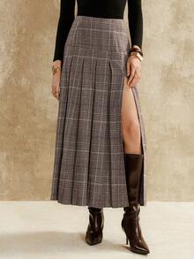 Florisole 女士优雅通勤斜纹格纹百褶裙 - 棕色 - 查看 8