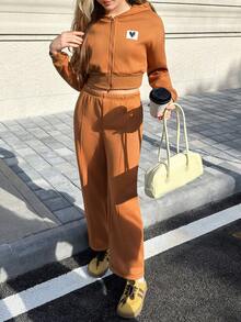 3件套少女纯色保暖内衬爱心拉链连帽衫、吊带背心和阔腿裤休闲套装，适合日常穿着、通勤和上学。 - 彩色 - 查看 5