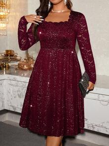 Rometta 大码女士优雅派对连衣裙，方领拼接蕾丝亮片印花收腰连衣裙，适合春秋季穿着。 - 酒紅色 - 查看 7