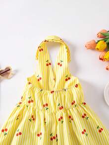 SHEIN Explorewe Girls Summer New Fashionable Polo Collar Halter Backless Waist Cinched Sweet Versatile Vacation Dress - Yellow - View 8