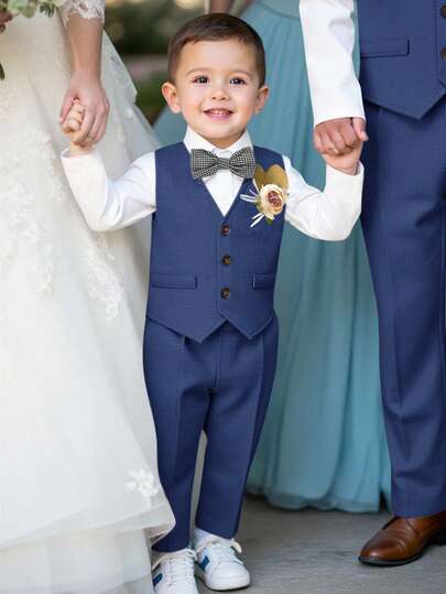 3pcs Young Boy Gentleman Outfit: Khaki Vest, Elastic Waist Pants, Bow Tie & Long Sleeve Shirt Set, Suitable For Spring/Summer Boys Wedding Suits Blue Suits For Boys Ring Bearer Outfit Little Boys Formal Wear Blue Tuxedo For Boys Blue,In Fall/Winter