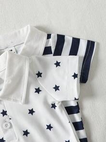 SHEIN 新生男宝宝半开襟短袖印花上衣和蓝色短裤两件套，采用舒适面料 - 寶藍色 - 查看 3