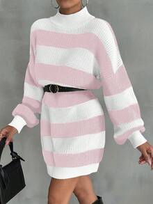 EURMUSE Women Drop Shoulder Sweater Dress With Striped Pattern - Baby Pink - View 5