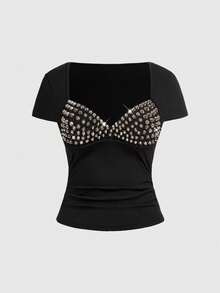 ROMWE Grunge Punk Women's Short Sleeve Punk Patchwork Chest Metal Rivet 2 In 1 Tight T-Shirt - Black - View 1