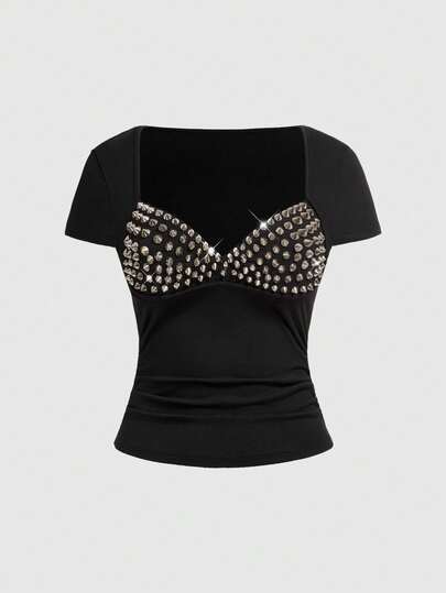 ROMWE Grunge Punk Women's Short Sleeve Punk Patchwork Chest Metal Rivet 2 In 1 Tight T-Shirt