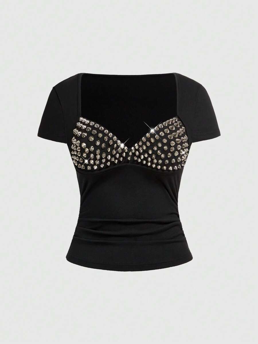 ROMWE Grunge Punk Women's Short Sleeve Punk Patchwork Chest Metal Rivet 2 In 1 Tight T-Shirt - Black - View 1