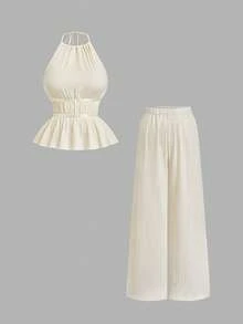 Sweetra Áo hở lưng màu trơn rộng rãi cỡ lớn, buộc dây phía trước, quần ống rộng bồng bềnh, bộ đồ 2 món thời trang dành cho nữ - Màu be - Xem 1