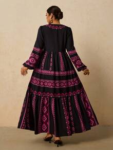 Travachic Váy dài tay họa tiết hoa và sọc Bohemian cỡ lớn dành cho nữ, phong cách thường ngày ngày lễ, mùa thu/đông - màu đen - Xem 2