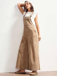 Bohemela 休闲纯色梭织阔腿宽松背带连体裤 - 卡其色 - 查看 3