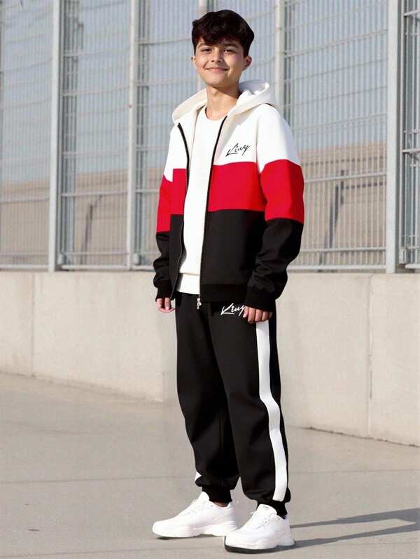 Vacaura Teenager's Casual Zip-Up Hoodie Jacket With Digital Print Letter Pattern And Contrast Color Drawstring Sweatpants Sports Set, Fashionable For Spring, Autumn And Winter Fall