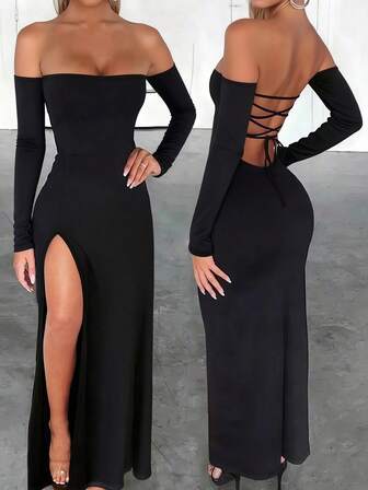 Gloray Fitted Sexy Halter Backless Lace-Up Hem High Slit Long Sleeve Dress For Women
