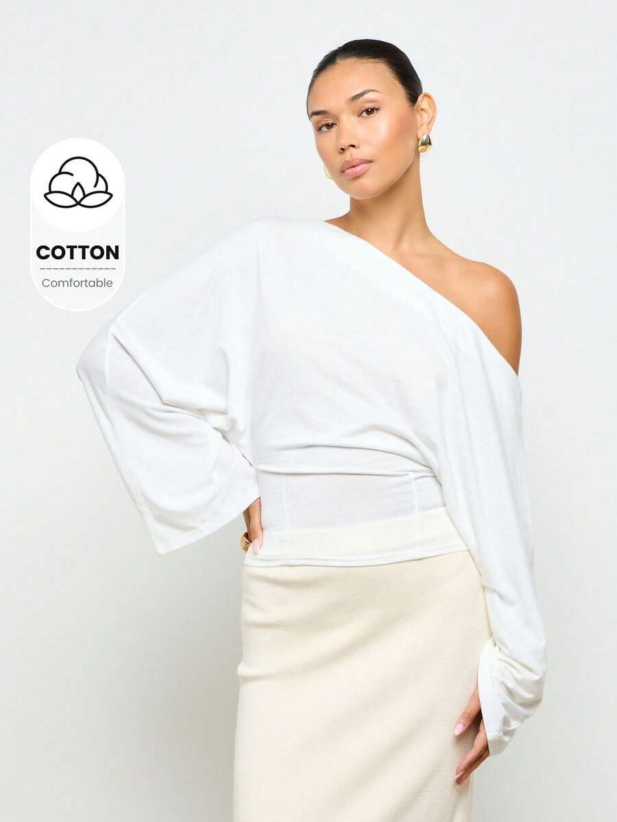 AiiRZ 露肩束身衣式裹身衬衫优雅宽喇叭袖短款上衣高级时尚度假装精致晚礼服