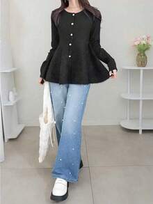 FRIFUL Women's Metal Button Decor Ruffle Hem Loose Solid Color Cardigan - Grey - View 5