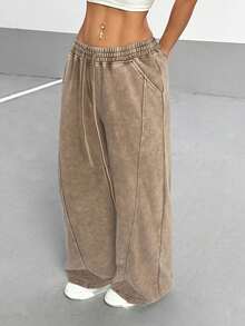 Flirla Quần dài thể thao ống đứng dáng rộng phong cách cổ điển dành cho nữ dạo phố, đa năng cho mùa thu - Cà phê nâu - Xem 4