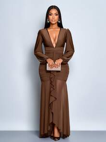 SOLERSUN Women's Elegant Ruffle Trim Plunging V-Neck Long Sleeve Solid Color Pleated Mesh Patchwork Fishtail Hem Maxi Dress, Sexy And Simple, Suitable For Cocktail Party, Date, Autumn/Winter Dress, Party/Wedding Bridesmaid Dress, Evening Gown, Halloween, Christmas Date Night Thanksgiving Women Outfit