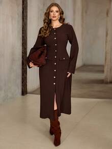 Roveilla Plus Size Chocolate Brown Rib-Knit Midi Dress For Women Casual Round Neck A Line Extra-Long Sleeve Button Up Design - Chocolate Brown - View 7