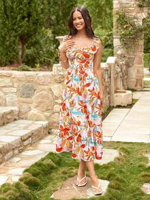 SHEIN VCAY 女士度假短袖V领A字中长连衣裙，碎花A字短袖夏季连衣裙，浪漫婚礼季，适合午餐的夏季连衣裙，碎花夏季连衣裙，休闲夏季连衣裙，波西米亚风夏季连衣裙，度假连衣裙，女士假日装扮，女士情人节连衣裙，女士度假连衣裙，中长夏季连衣裙，夏威夷风连衣裙，夏季吊带裙 - 彩色 - 查看 4