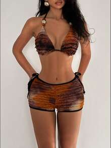 EgrlEra 女士扎染提花面料露背性感比基尼三件套，沙滩度假 - 彩色 - 查看 3