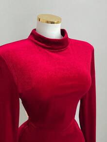 Elamini 女士优雅派对迷你连衣裙，长袖，露背设计，饰有仿珍珠，适合秋冬季日常穿着、派对、约会等场合。 - 酒紅色 - 查看 4