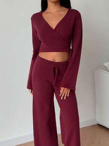 SHEIN MOOSTA Women's Casual Fashion Versatile Commute Elegant Criss-Cross Tie Warm Soft Knit Cardigan And Pants Two Pieces Sweater Set, Autumn/Winter - Burgundy - View 1