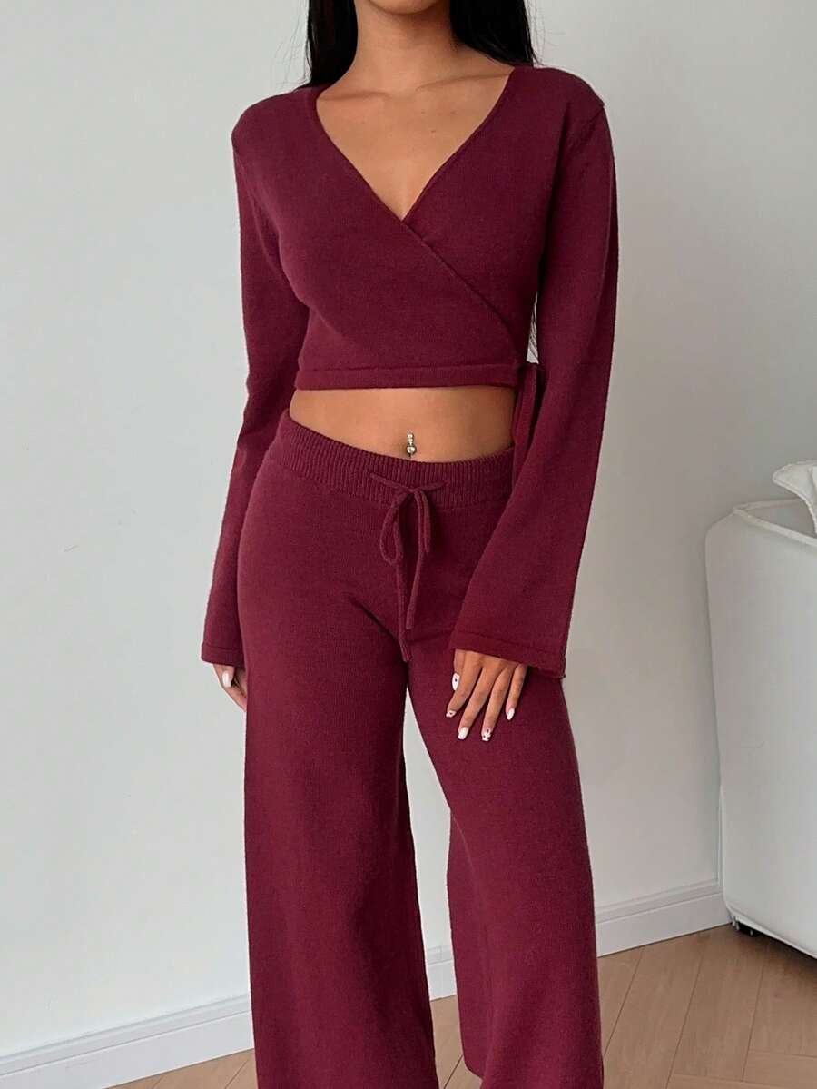SHEIN MOOSTA Women's Casual Fashion Versatile Commute Elegant Criss-Cross Tie Warm Soft Knit Cardigan And Pants Two Pieces Sweater Set, Autumn/Winter - Burgundy - View 1