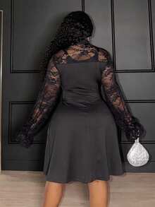 Slaydiva Autumn Plus Size Women's Elegant Black Lace Long Sleeve A-Line Dress,Formal Evening Dinner Party Outfit,Vintage Bodycon Solid Color Cocktail Gown - Black - View 2