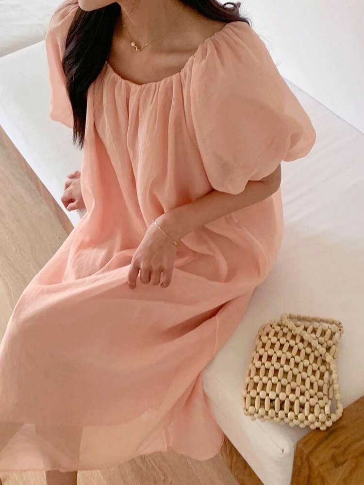 Women's Casual Solid Color Round Neck Mid-Length Dress Summer Sundress