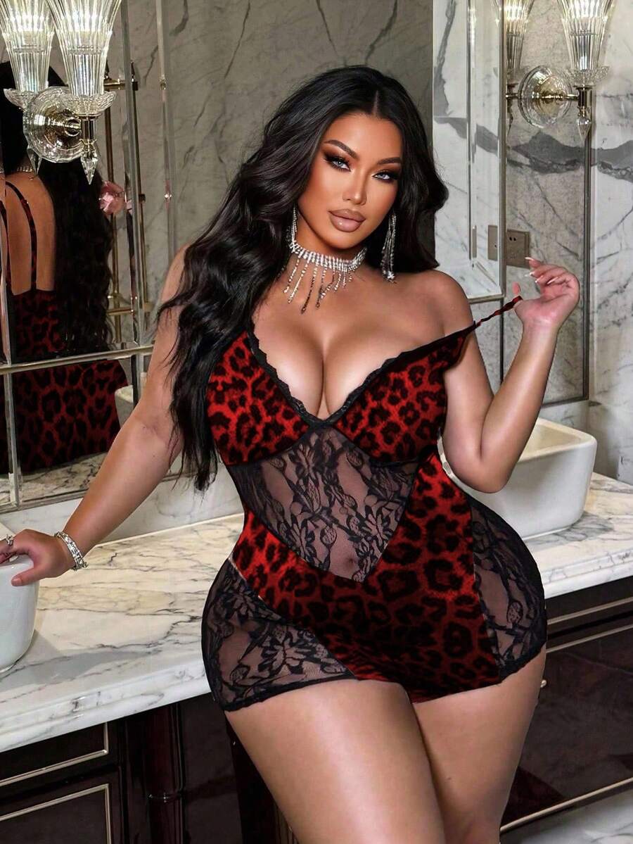 NU&NOW 大码时尚性感豹纹撞色蕾丝连体短裤 - 紅色 - 查看 1