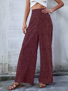 Breezaya Pantalones casuales de cintura alta con estampado de leopardo y ajuste holgado y versátil - Burdeos - Ver 3
