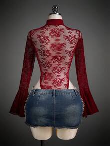 SHEIN ICON Lace Sheer Square Neck Criss-Cross Tie Flare Sleeve Women Bodysuit - Burgundy - View 2