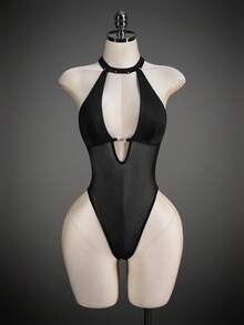 SHEIN ICON 性感修身网纱露背深V领高开衩连体衣（女款） - 黑色 - 查看 3