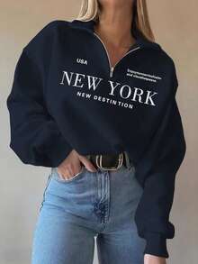 INAWLY sweat-shirt à capuche ample à manches longues avec imprimé lettres New York, col à fermeture éclair, style décontracté pour femmes