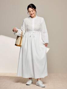 Momelise Đầm suông cổ chữ V hở vai tay dài thanh lịch cho nữ cỡ lớn - trắng - Xem 6