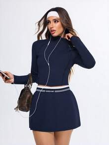 Eassivo Eassivo Women's Navy Blue Athletic Skirt,High Waist Contrast Stripe, Side Slit Tennis Skirt, Stretch Sport Skort, Trending Workout Bottoms, Casual Activewear - Royal Blue - View 16