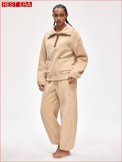 Rest Era Women's Casual Comfortable Zip-Up Drop Shoulder Top And Pants Loungewear Set, Autumn/Winter