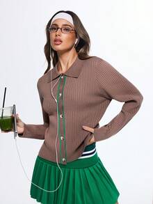 Eassivo Eassivo Regular Fit Contrast Trim Front Button Long Sleeve Polo Sweater - Mocha Brown - View 1