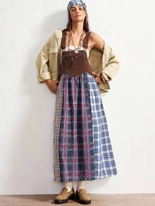 Bohemela 波西米亚乡村度假风休闲格子拼接吊带连衣裙（女款） - 棕色 - 查看 3