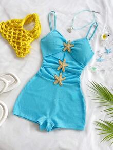 Soleia 纯色吊带无袖镂空腰部装饰纽扣连体裤，适合派对和居家穿着。 - 藍色 - 查看 5