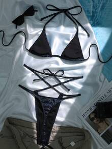 Swim SXY 两件套彩色蛇纹印花金属点缀迷你三角比基尼上衣和低腰交叉系带丁字裤，性感沙滩派对女装 - 藏蓝色 - 查看 7