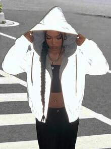 SHEIN EZwear Zip Up Drawstring Hooded Reflective Jacket In Fall/Winter - Grey - View 3