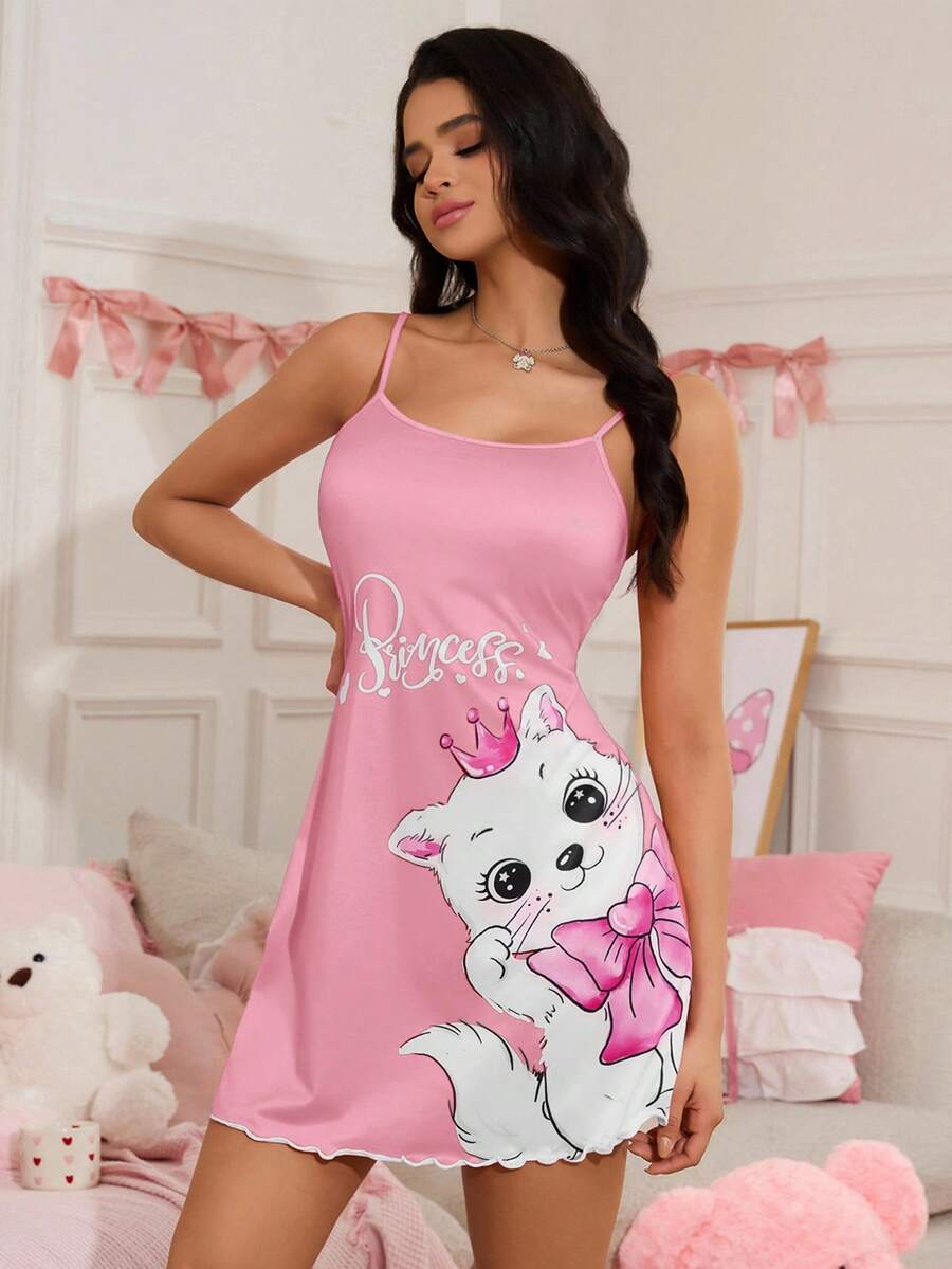 SHEIN 可爱INS风猫咪蝴蝶结印花吊带睡裙(女款) - 彩色 - 查看 1