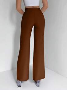 EURMUSE Solid High Waist Straight Leg Suit Pants - Brown - View 2