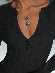 SHEIN TRNDY Women's Casual V-Neck Textured Slim Fit Relaxed Sweater, Long Sleeve - Dark Grey - View 7